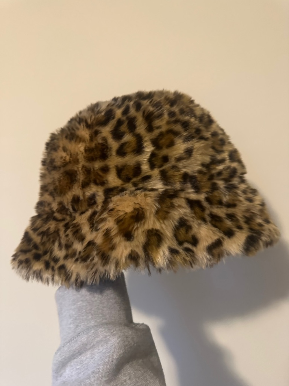 Fluffy Fur Leopard Print Bucket Hat - Brown Vintage